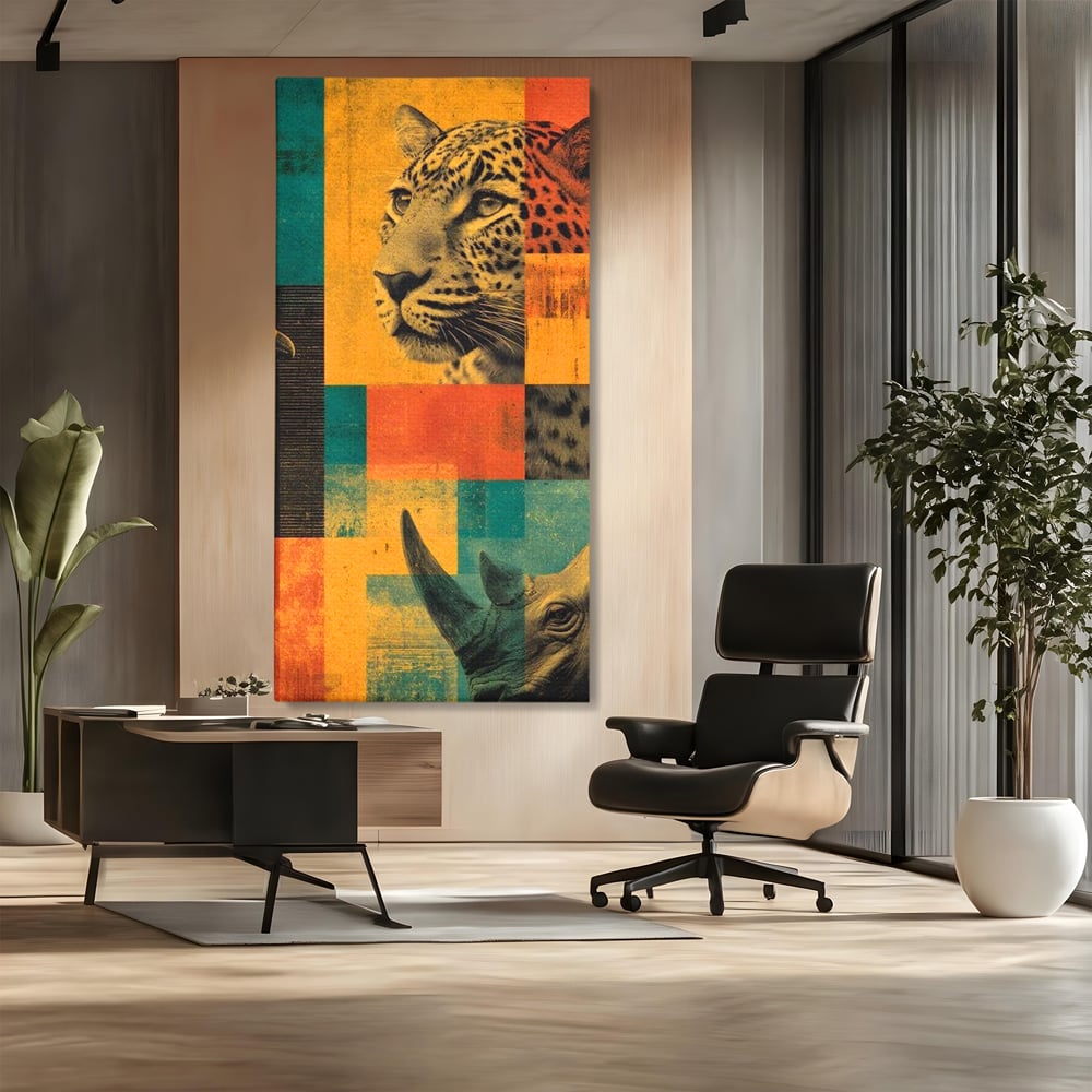Tablou canvas cu tablou vertical cu leopard si rinocer, fara rama, pe sasiu de lemn, pe perete intr-un birou